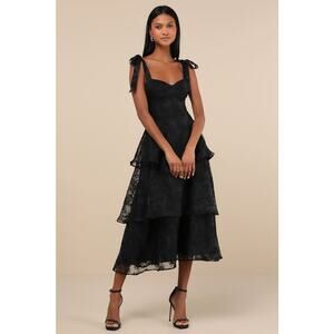 NWT Lulus Glamorous Sweetie Black Burnout Tie-Strap Bustier Midi Dress Formal L